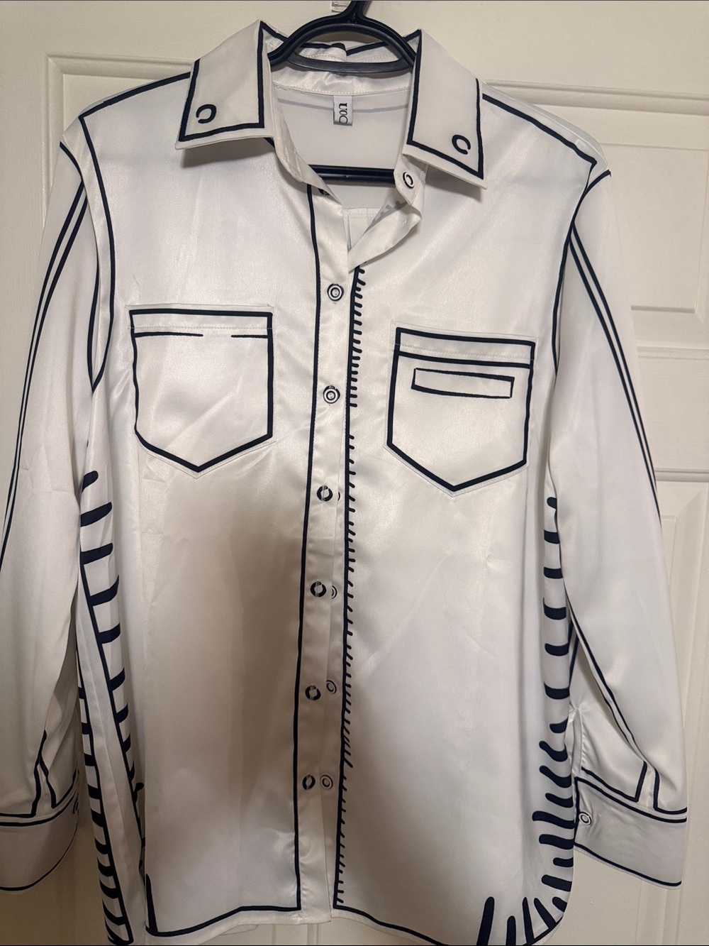 White Button-Up Shirt with Black Contrast Piping